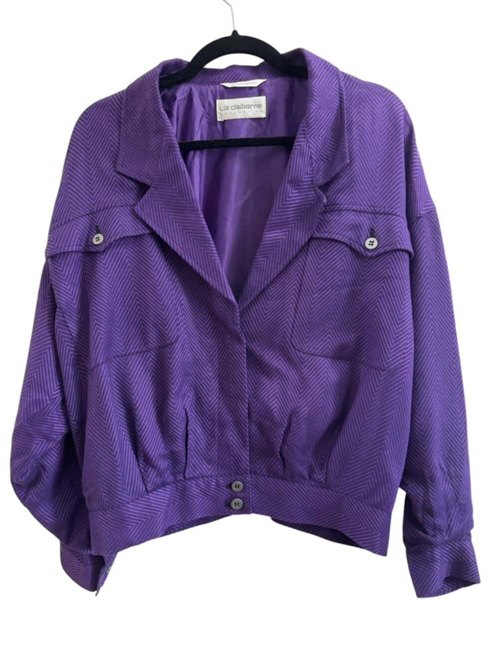 Liz Claiborne Purple Herringbone Cropped Bomber Style Jacket